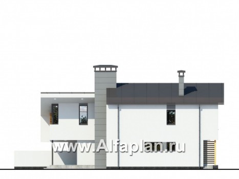 Проект современного дома с мансардой, из газобетона, планировка 5 спальных, с балконом и камином с трубой снаружи - превью фасада дома