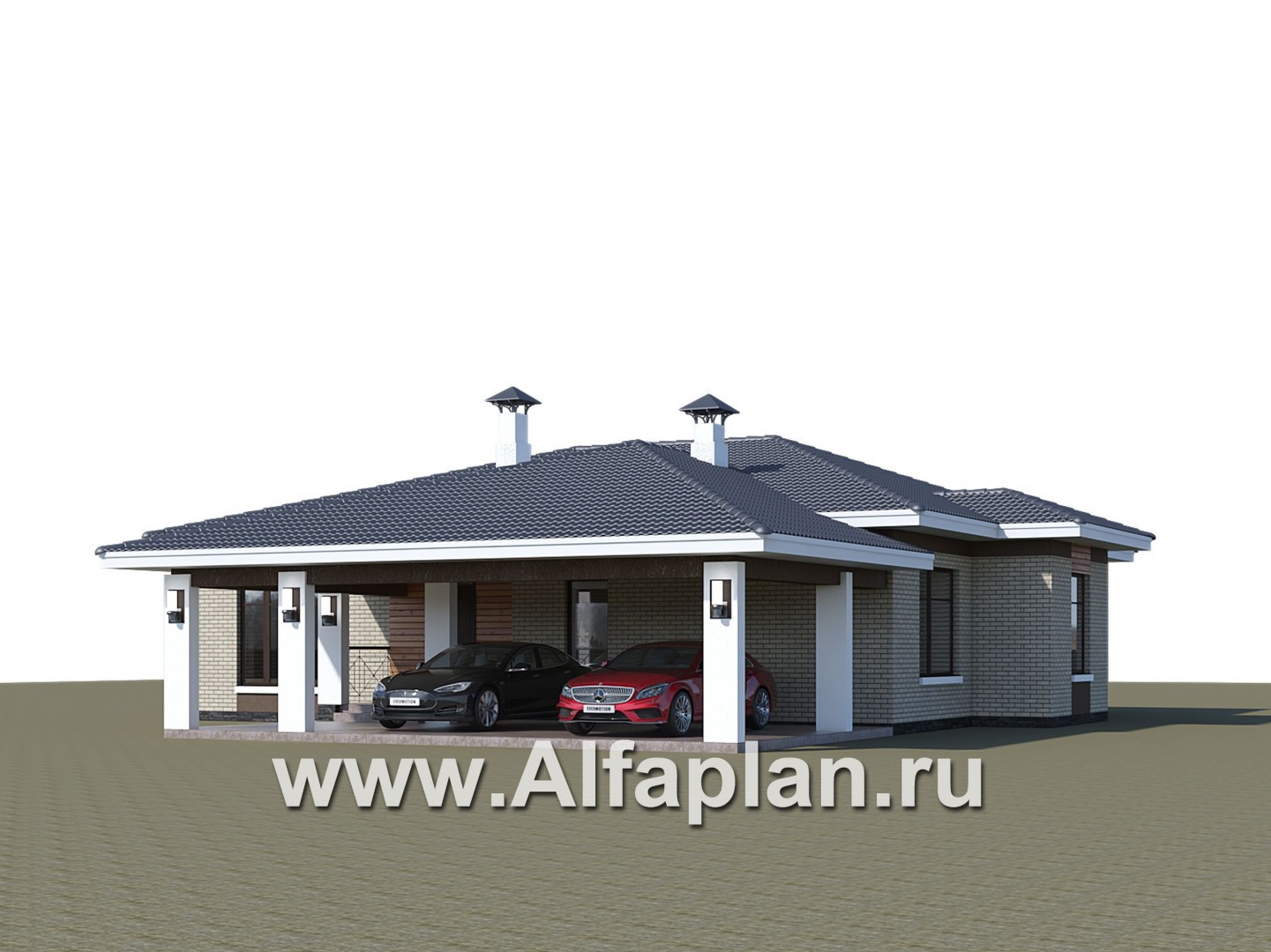 Проекты домов Альфаплан - «Покровка» - стильный одноэтажный коттедж с гаражом-навесом - дополнительное изображение №2