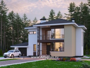 Превью проекта ««Формула успеха» - красивый проект двухэтажного дома, из газобетона, с угловыми окнами, с гаражом»