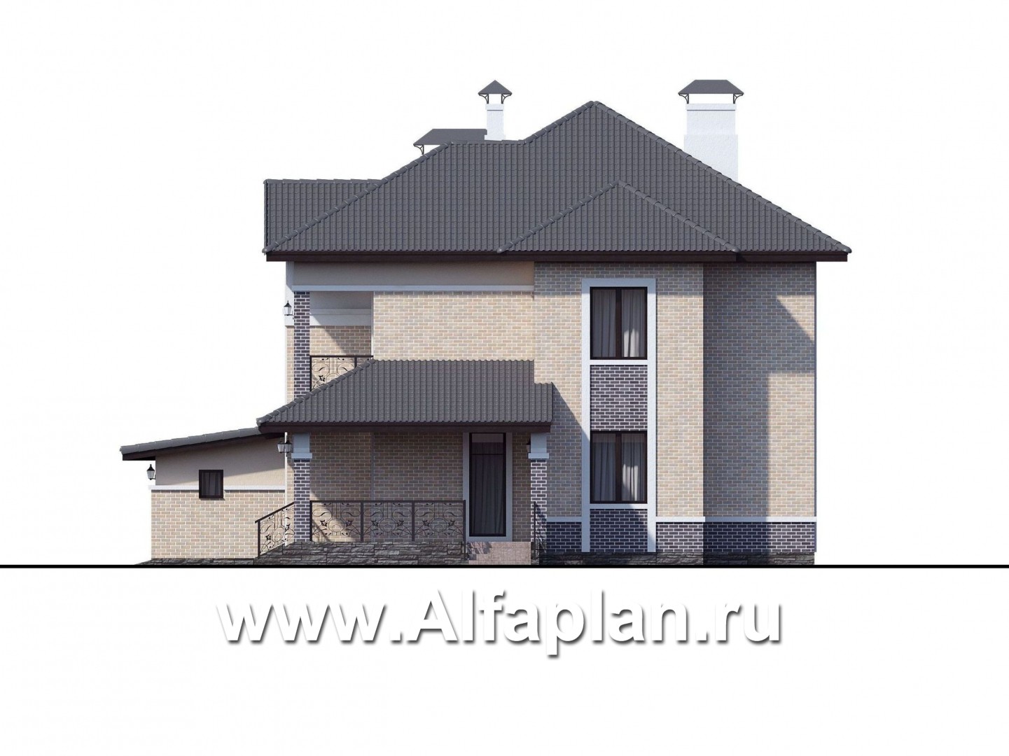 Проекты домов Альфаплан - «Арно» - проект двухэтажного дома,  с двусветной гостиной, с террасой, с гаражом на 2 авто - изображение фасада №2