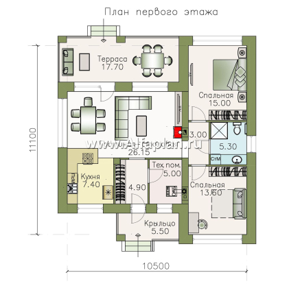 «Онега» - проект одноэтажного дома из газобетона, 2 спальни, с террасой, отличная планировка - превью план дома