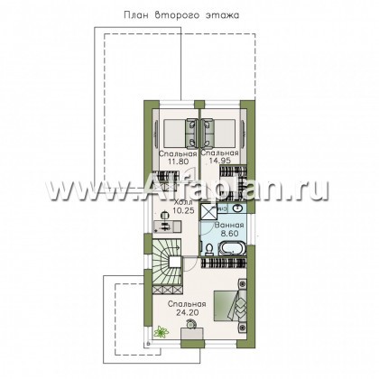 «Писарро» - проект двухэтажного дома для узкого участка, 3 спальни, с террасой, с односкатной кровлей в стиле минимализм - превью план дома