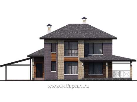 «Стимул» - проект двухэтажного дома с угловой террасой, из кирпича, планировка с кабинетом на 1 эт, в современном стиле, с навесом на 1 авто - превью фасада дома