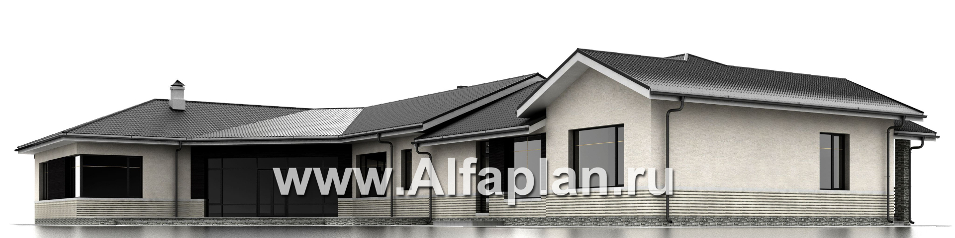 Проекты домов Альфаплан - «Модуль» — проект одноэтажного дома, со спортзалом и сауной, с бассейном и гостевой квартирой - изображение фасада №3