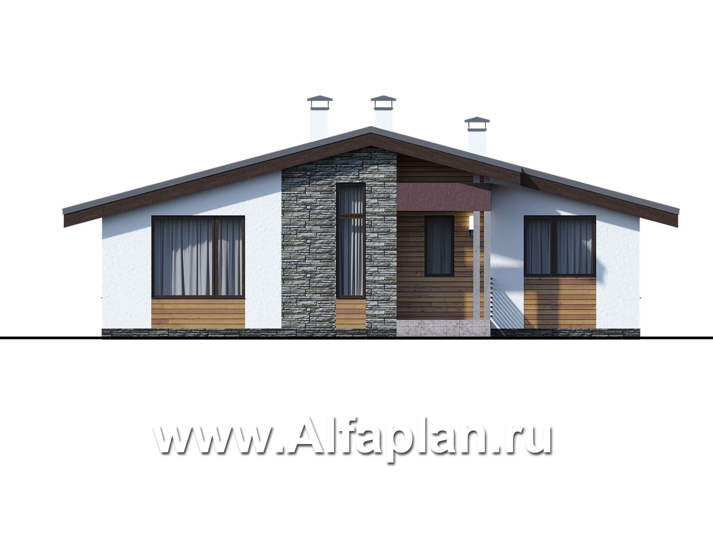 «Дзета» -проект одноэтажного  дома, с островным камином, с террасой - фасад дома