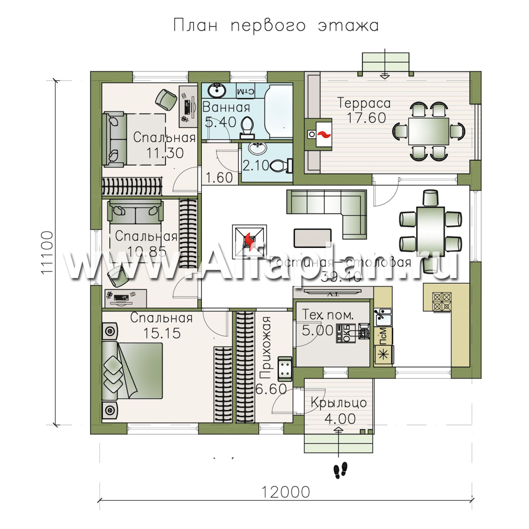 Проекты домов Альфаплан - «Дзета» - одноэтажный каркасный дом с просторной гостиной-столовой - план проекта №1