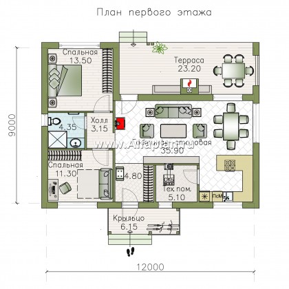 «Зита» -  проект одноэтажного дома, с террасой, в скандинавском стиле - превью план дома