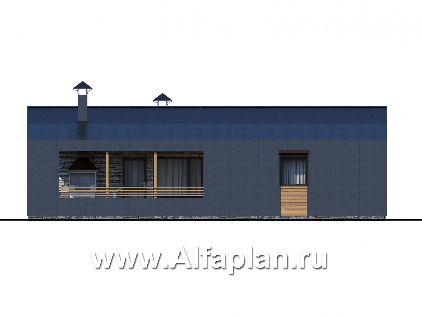 «Йота» -  проект одноэтажного домав стиле барн, с сауной, с террасой сбоку, 2 спальни - фасад дома