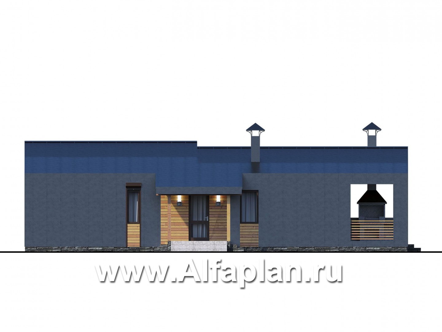 «Каппа» -  проект одноэтажного дома, с террасой, в стиле барн, 3 спальни или 2 спальни и сауна - фасад дома
