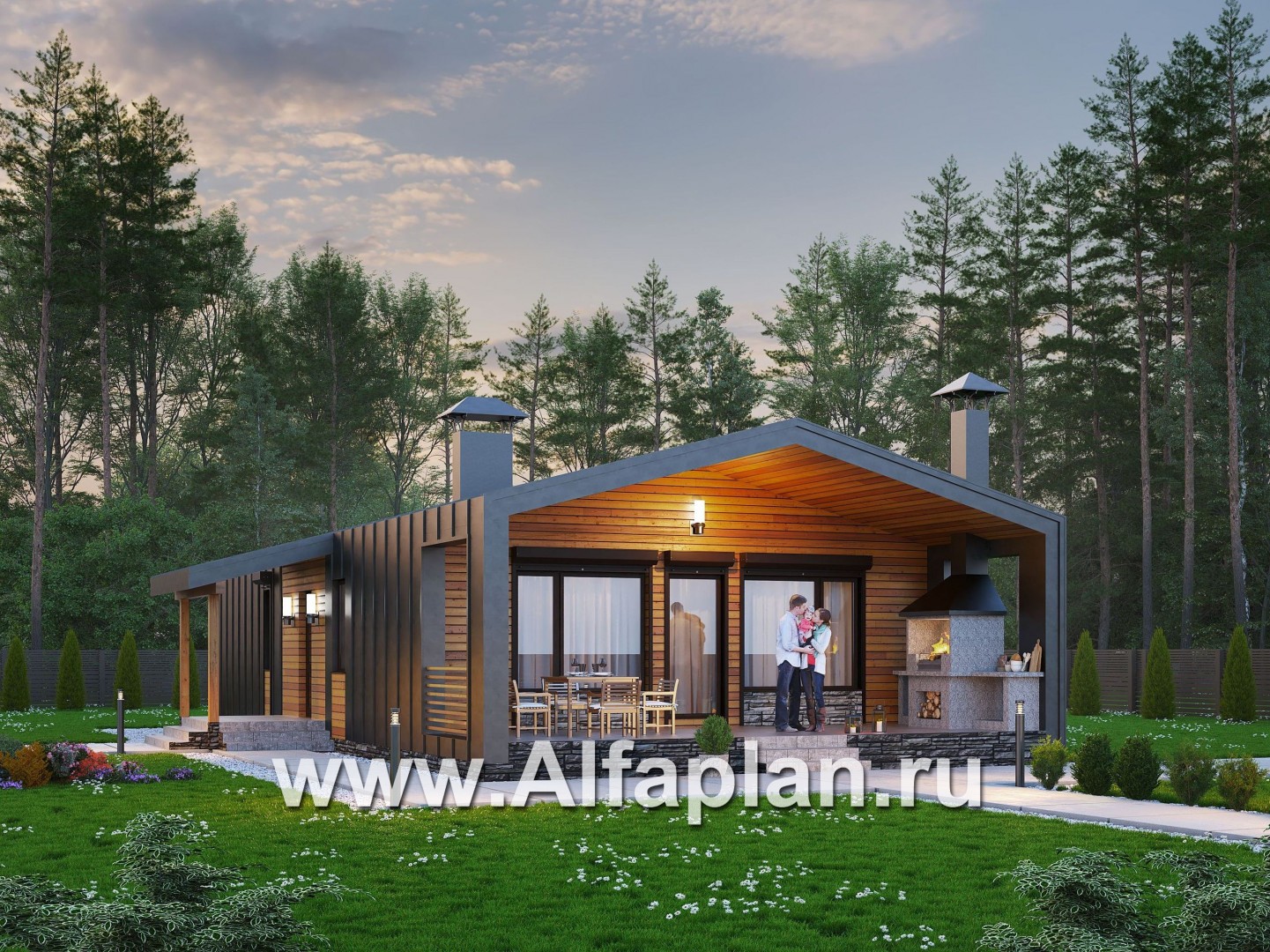 «Каппа» -  проект одноэтажного дома, с террасой, в стиле барн, 3 спальни или 2 спальни и сауна - основное изображение