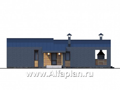«Каппа» -  проект одноэтажного дома, с террасой, в стиле барн, 3 спальни или 2 спальни и сауна - превью фасада дома