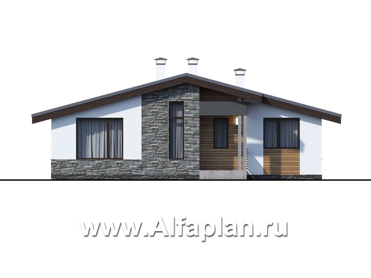 «Калисто» - проект одноэтажного дома из газобетона,  в скандинавском стиле, с террасой и с островным камином - фасад дома