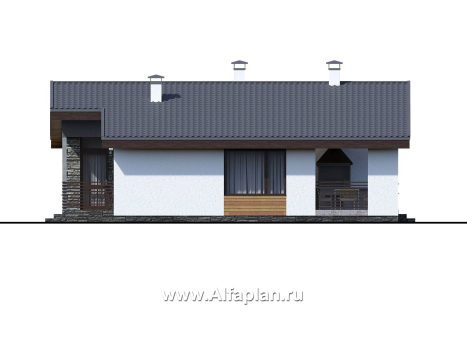 «Калисто» - проект одноэтажного дома из газобетона,  в скандинавском стиле, с террасой и с островным камином - превью фасада дома