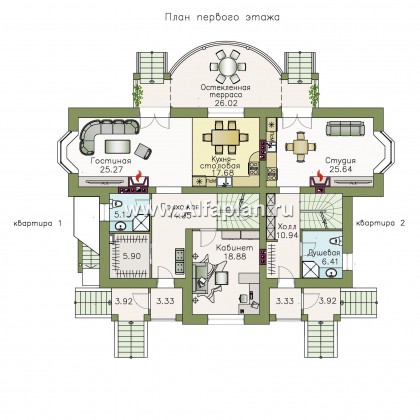 «Родное сердце» - проект двухэтажного дома на две семьи (дуплекс), с террасой и с балконом, с цокольным этажом - превью план дома