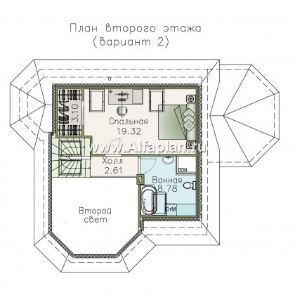 «Душечка» - проект дома с мансардой, планировка со вторым светом в гостиной, с террасой сбоку - превью план дома