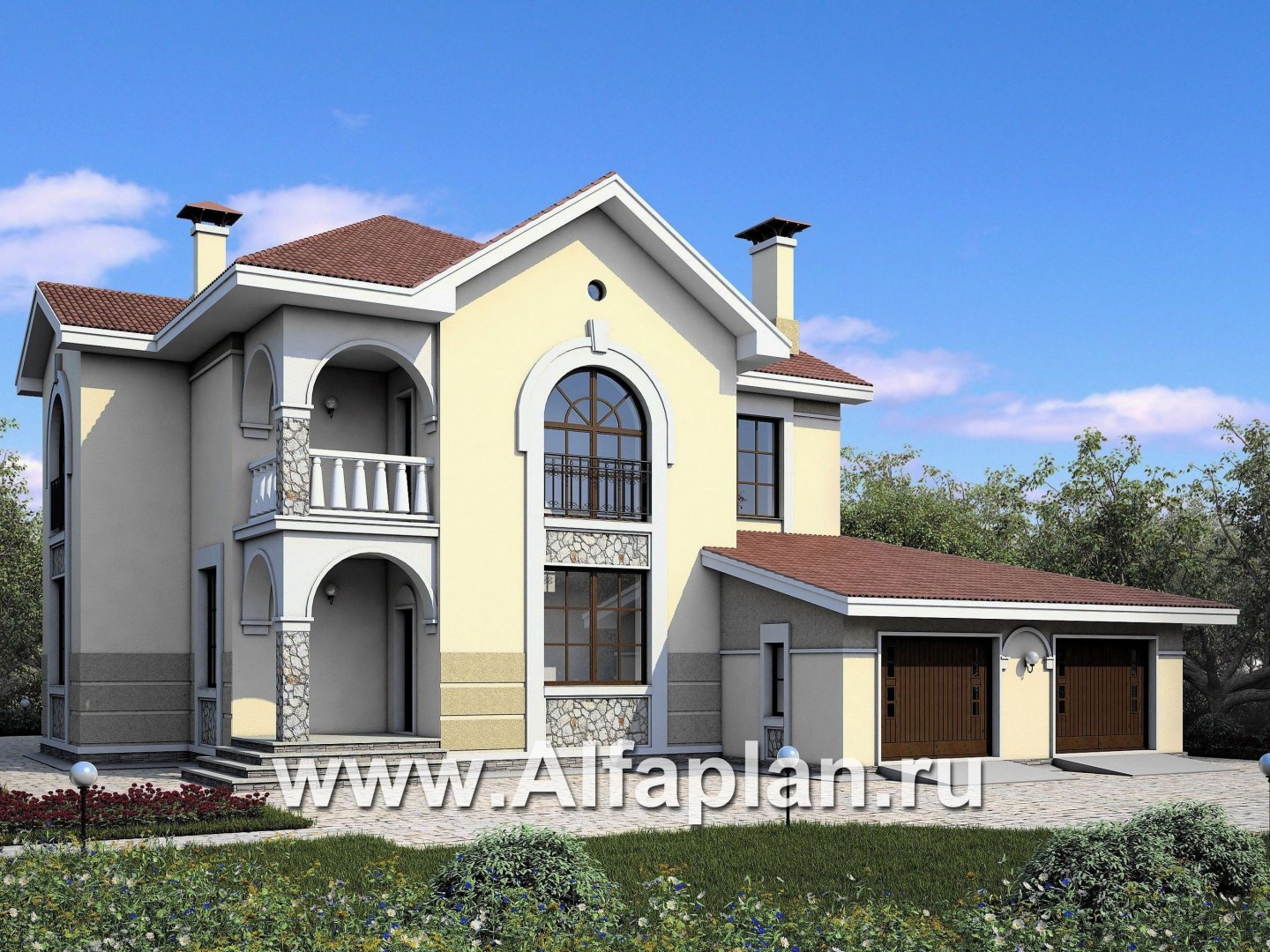 Проекты домов Альфаплан - «Строганов» - респектабельный коттедж с классической архитектурой - основное изображение