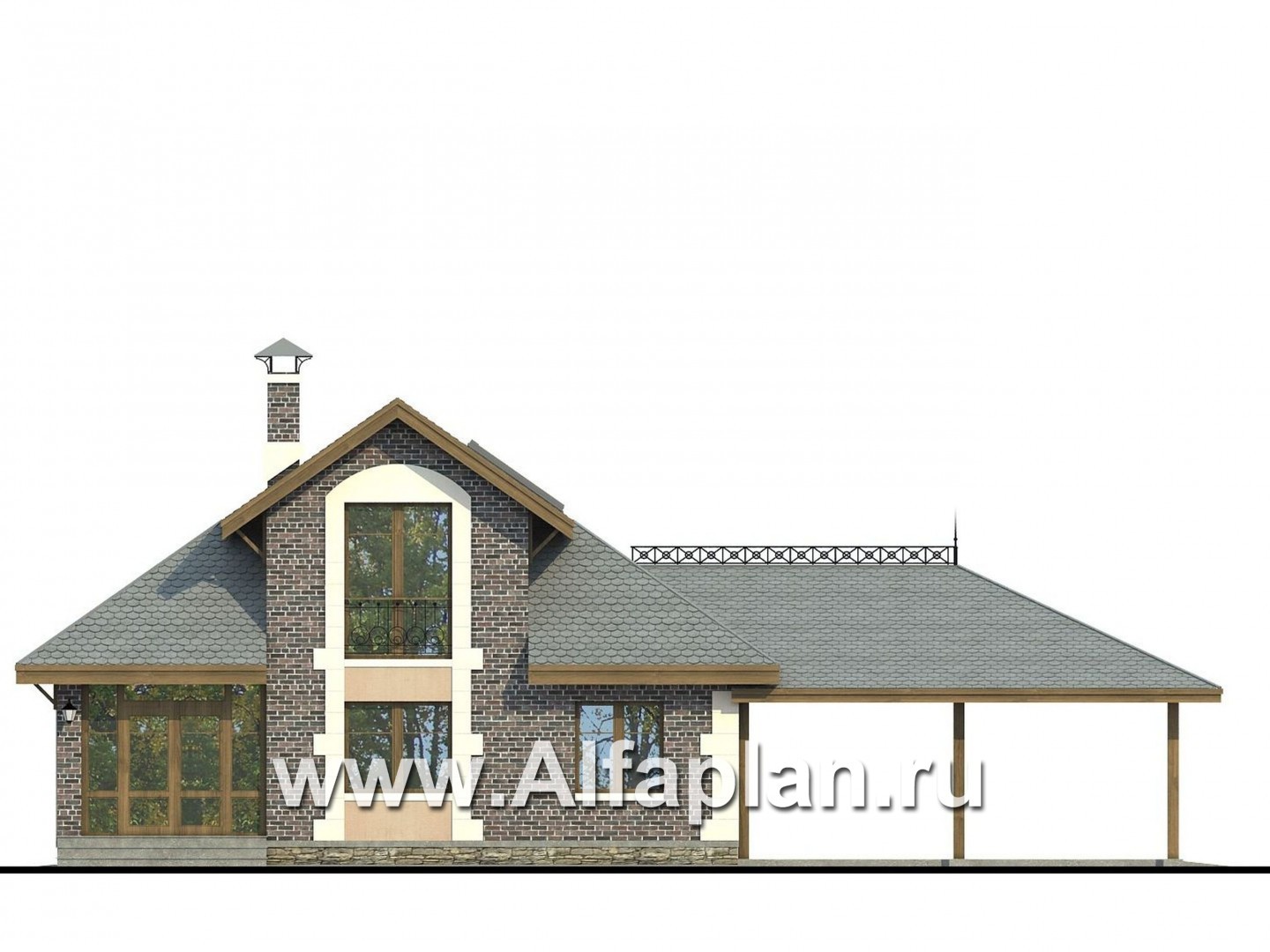 «Замечательный сосед» - проект дома с мансардой из газоблоков, с террасой, с нaвесом на 2 авто - фасад дома