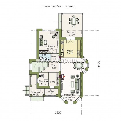 «Митридат» - проект двухэтажного дома, с эркером и с террасой, планировка с кабинетом на 1 эт, в русском стиле - превью план дома