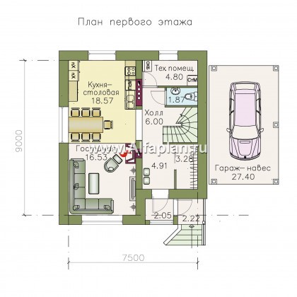 Проект дома с мансардой из газобетона «Оптима», планировка 3 спальни, с гаражом-навесом - превью план дома