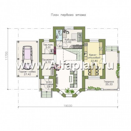 Проекты домов Альфаплан - «Клио» - коттедж с угловой террасой - превью плана проекта №1