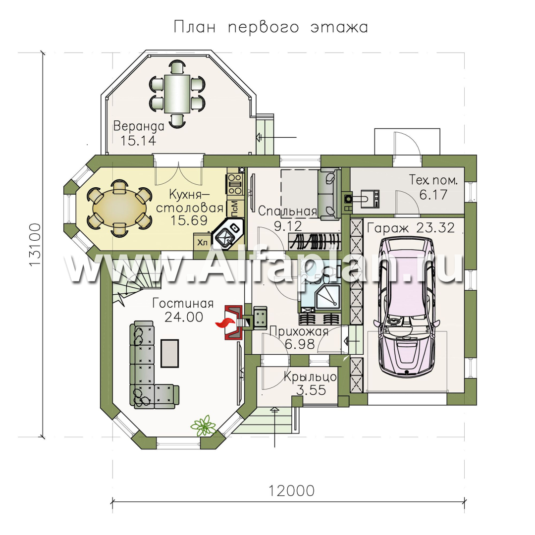 «Душечка» - проект дома с мансардой из газоблоков, в русском стиле, с гаражом - план дома