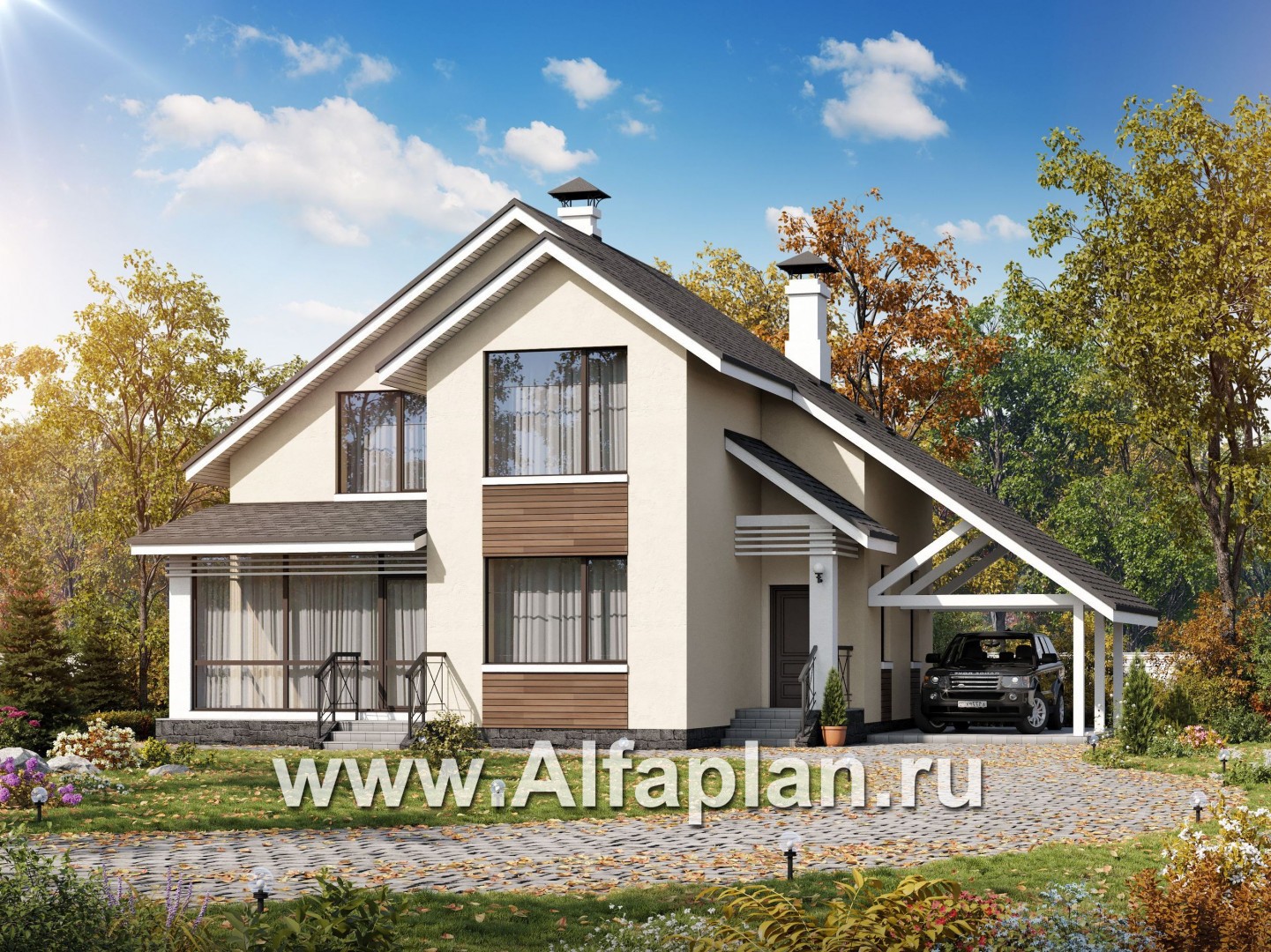 Проекты домов Альфаплан - «Реалист» - загородный дом с верандой и навесом для машины - основное изображение