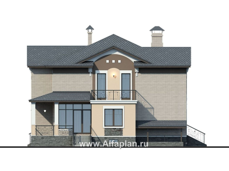 Проекты домов Альфаплан - «Голицын» - коттедж с двусветной гостиной и цоколем - превью фасада №2