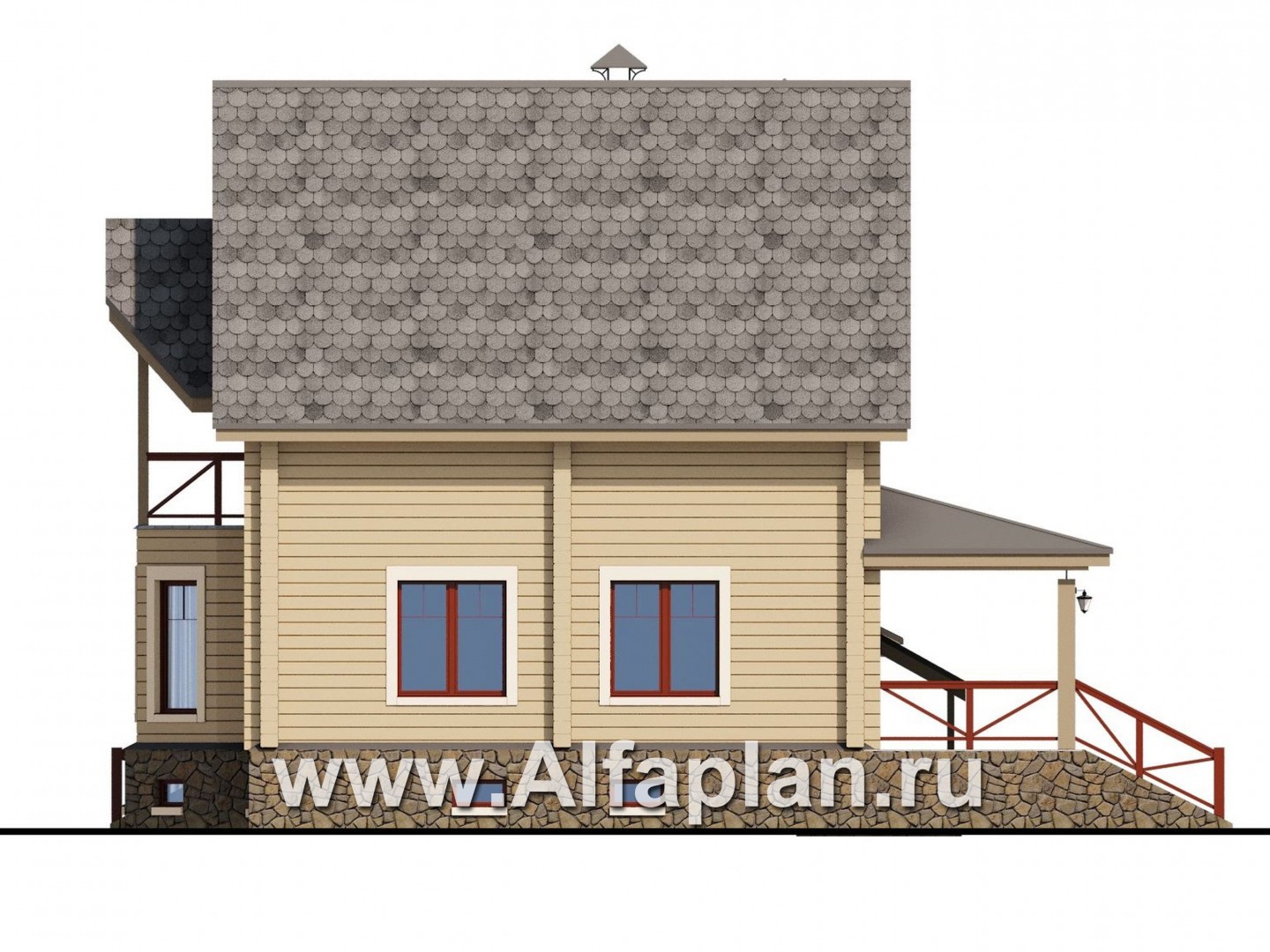 «АльфаВУД» - проект дома с мансардой, из дерева, из клееного бруса, с цокольным этажом - фасад дома