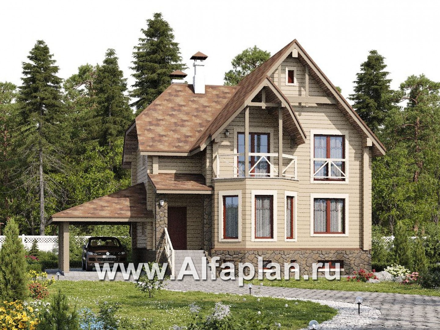 «АльфаВУД» - проект дома с мансардой, из дерева, из клееного бруса, с цокольным этажом - дизайн дома №2