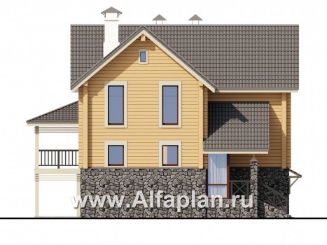 «АльфаВУД» - проект двухэтажного дома из бруса, на цоколе из кирпича, с сауной, с гаражом на 2 авто - превью фасада дома