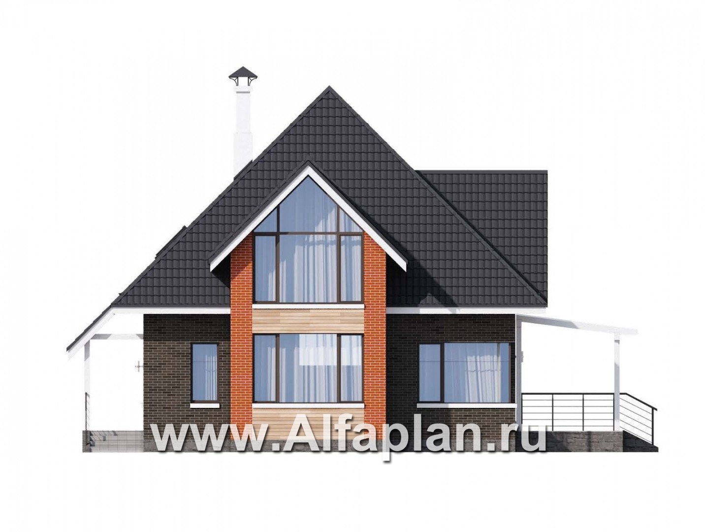 «Альтаир» - проект дома с мансардой, из кирпича или газобетона, фасад из штукатурки, с террасой, современный стиль - фасад дома