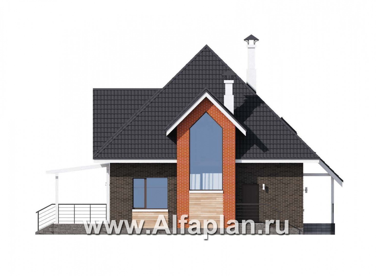«Альтаир» - проект дома с мансардой, из кирпича или газобетона, фасад из штукатурки, с террасой, современный стиль - фасад дома