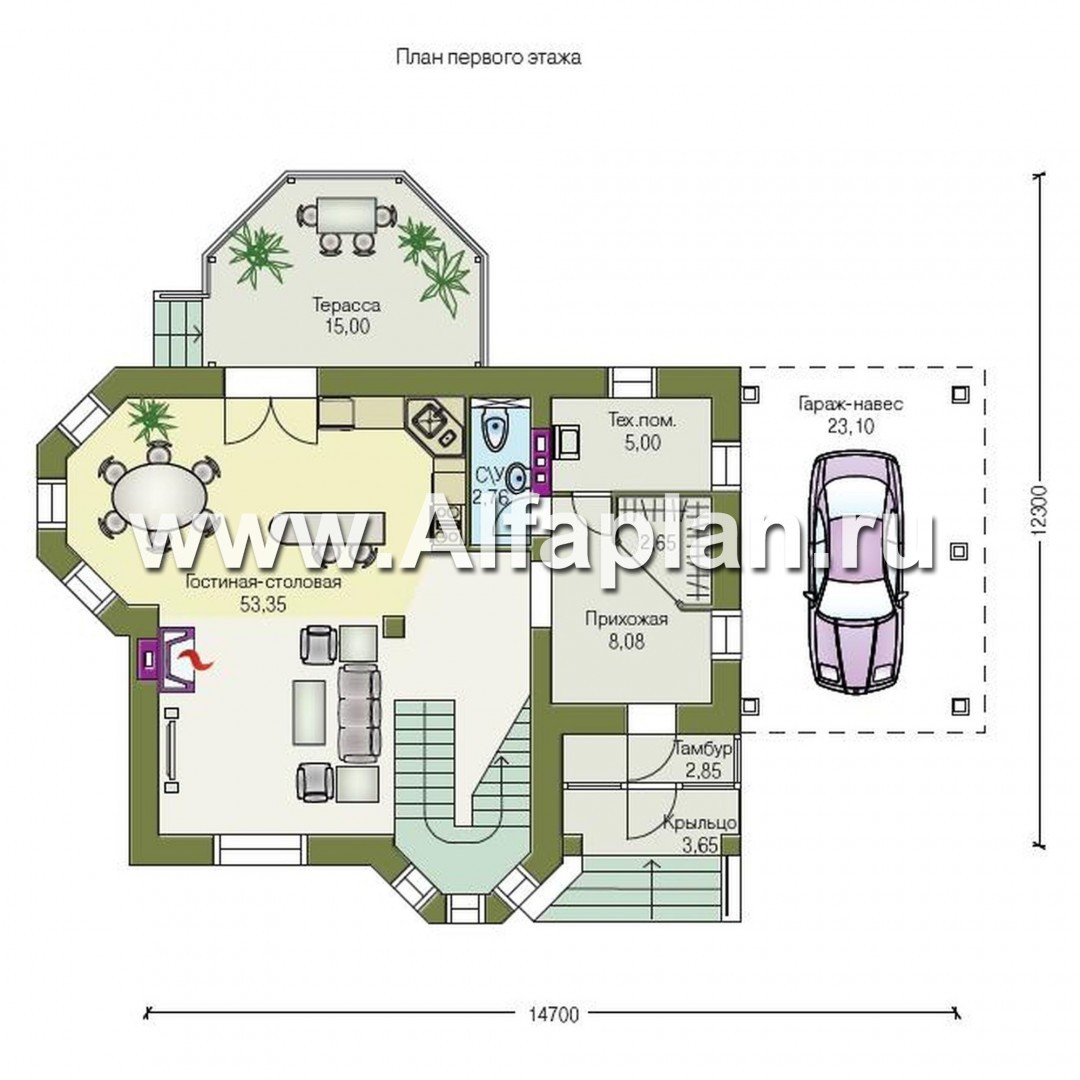 Проекты домов Альфаплан - «Лидер» - рациональный проект дома с навесом для машины - изображение плана проекта №1