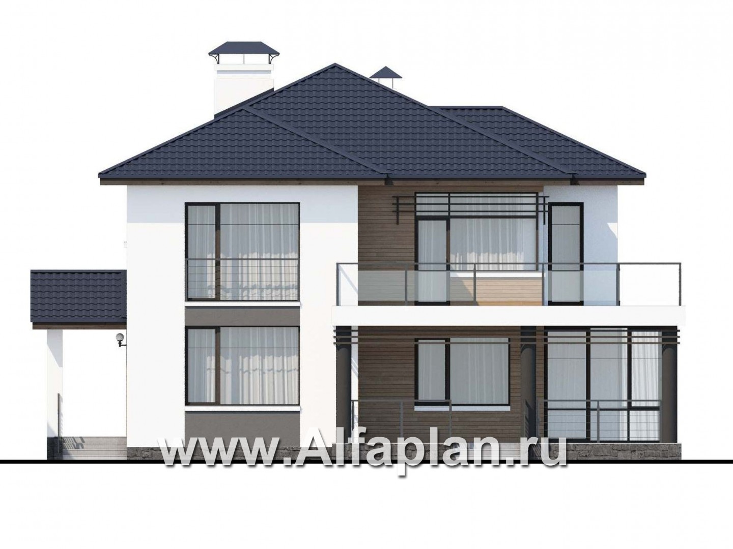Проекты домов Альфаплан - «Эффект бабочки» - современный дом с красивой угловой террасой - изображение фасада №1