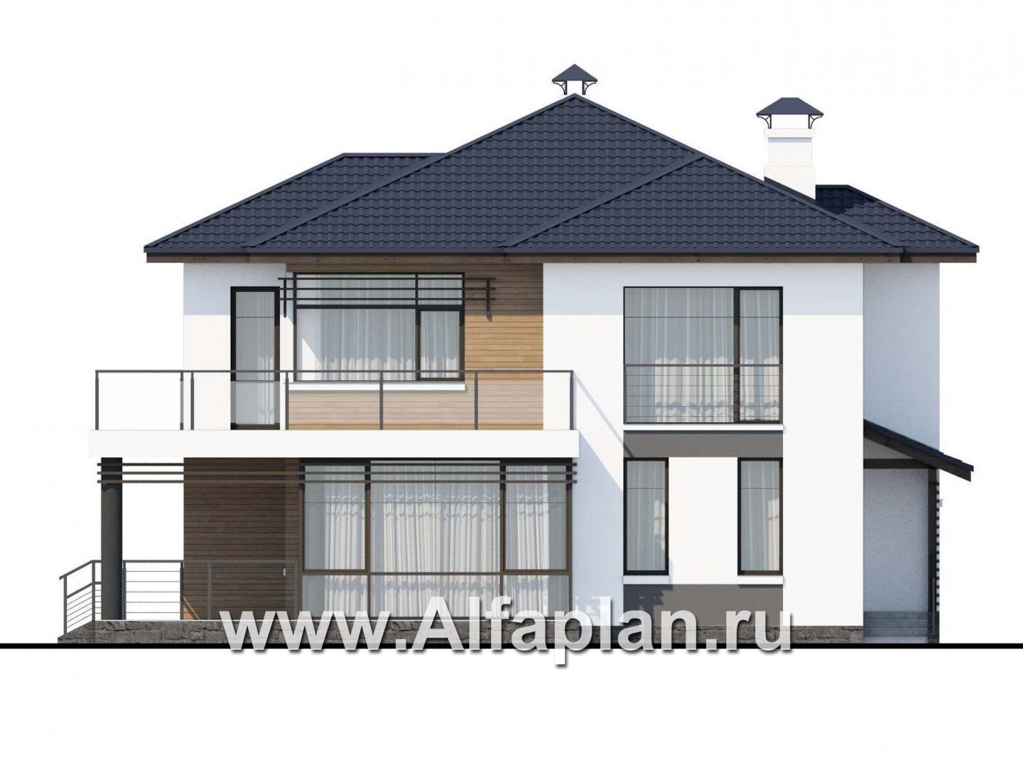 Проекты домов Альфаплан - «Эффект бабочки» - современный дом с красивой угловой террасой - изображение фасада №2