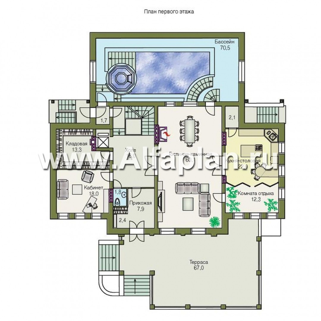 «Поместье» - проект двухэтажного дома, с мансардой и двусветной гостиной, вилла в классическом стиле - план дома