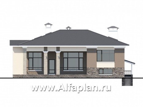 Проекты домов Альфаплан - «Суверен» - полутораэтажный коттедж с небольшим цоколем и мансардой - превью фасада №4