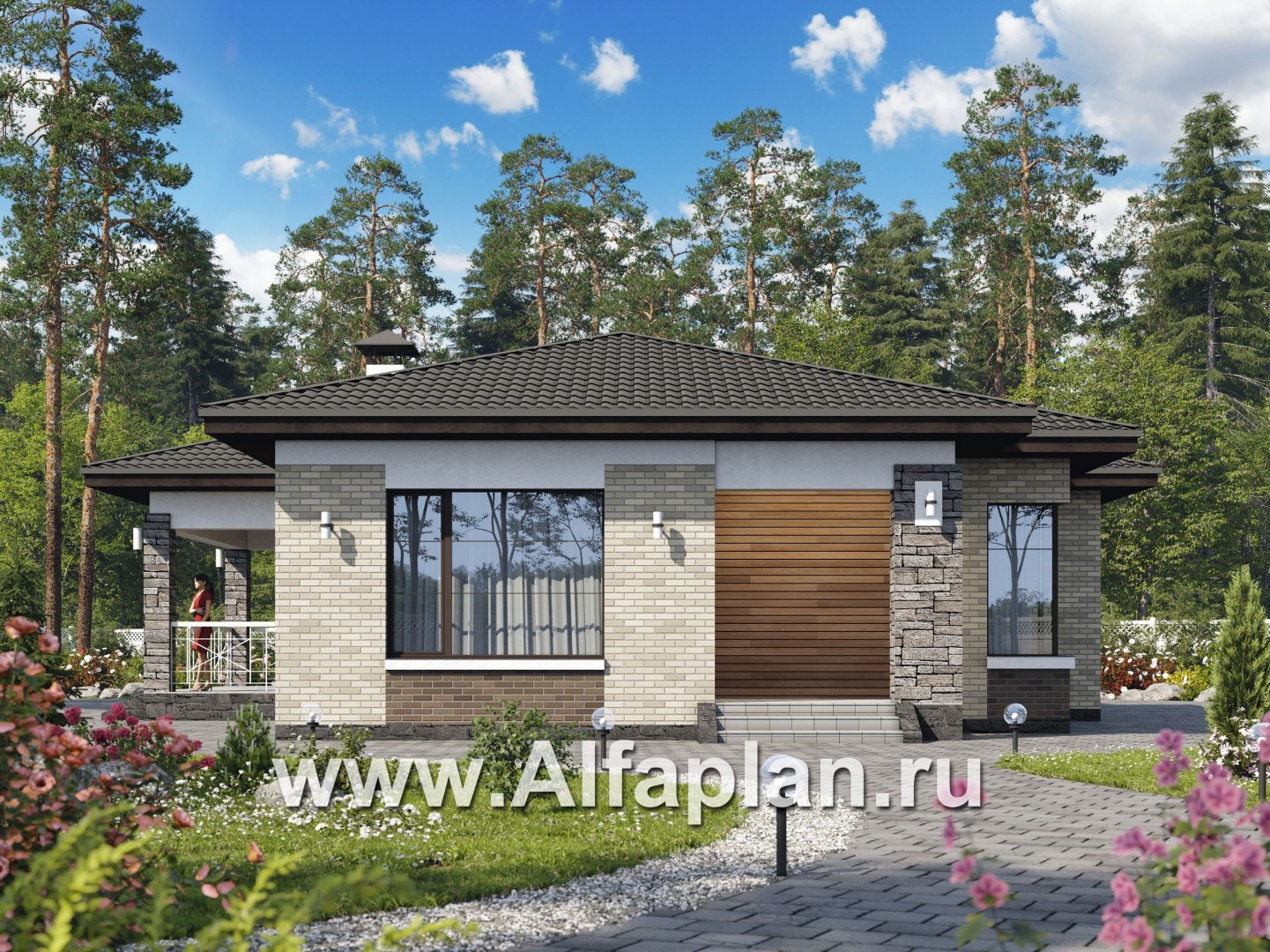 Проекты домов Альфаплан - «Грация» - современный компактный одноэтажный коттедж с террасой - основное изображение