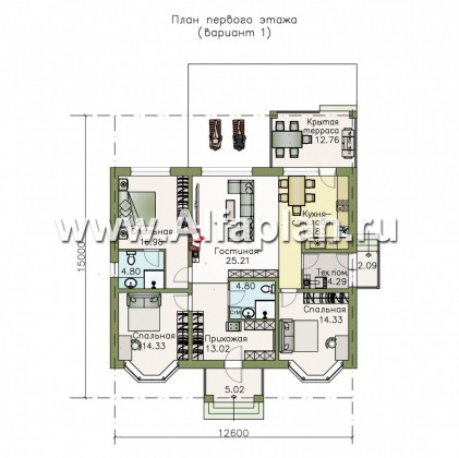 Проекты домов Альфаплан - "Новый свет" - проект одноэтажного дома для небольшой семьи - превью плана проекта №1