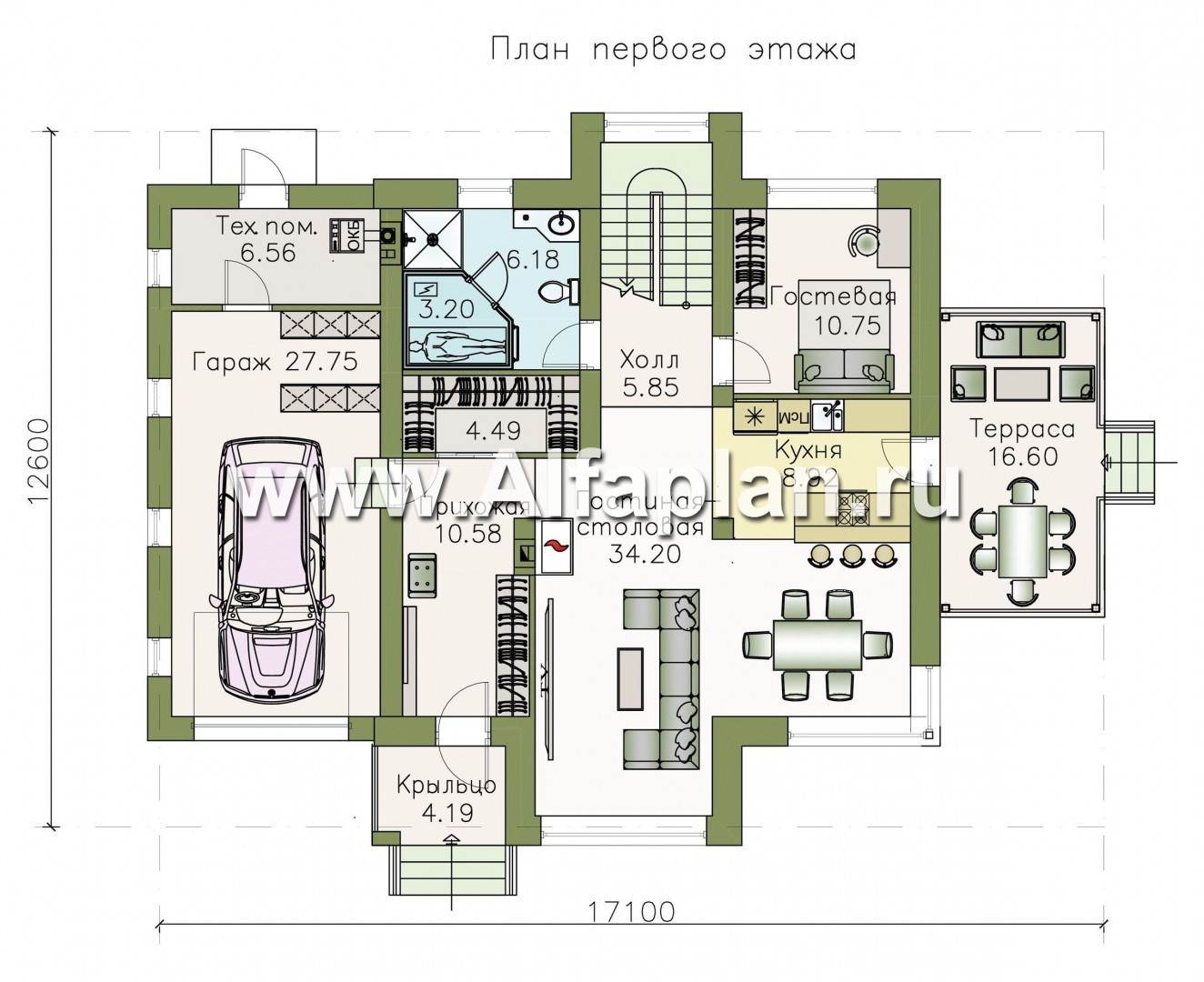 Проекты домов Альфаплан - «Печора» - стильный двухэтажный коттедж с гаражом - план проекта №1