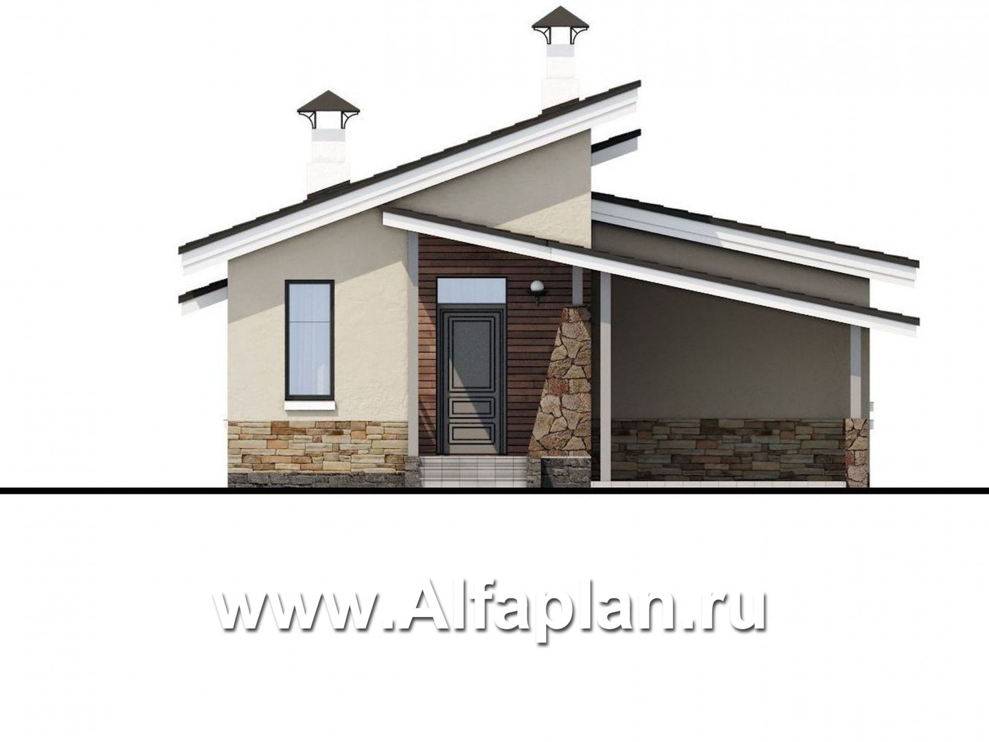 Проекты домов Альфаплан - «Дриада» - одноэтажный дом с гаражом-навесом - изображение фасада №1