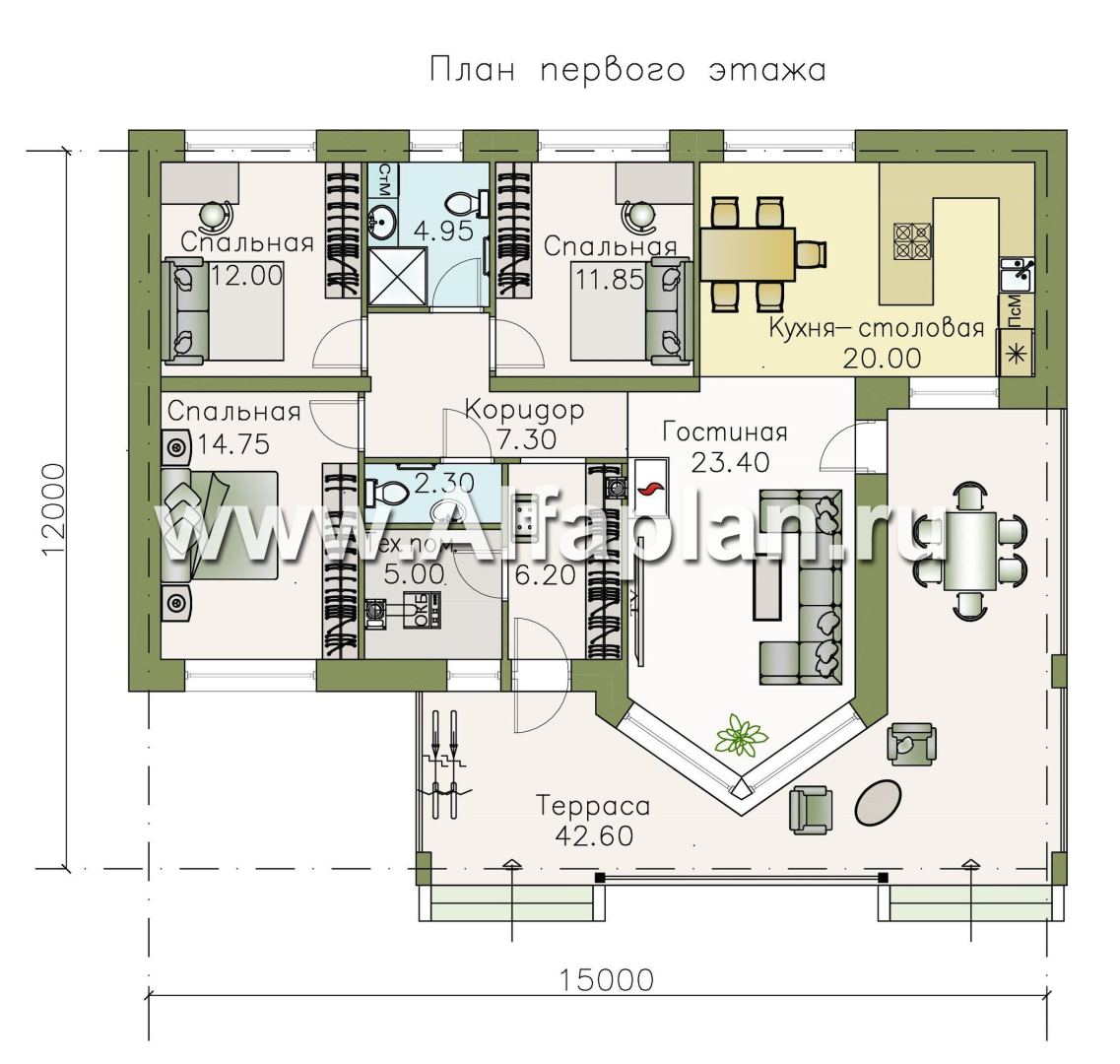 Проекты домов Альфаплан - «Яркий мир» - одноэтажный дом с высокой гостиной и просторной террасой - изображение плана проекта №1