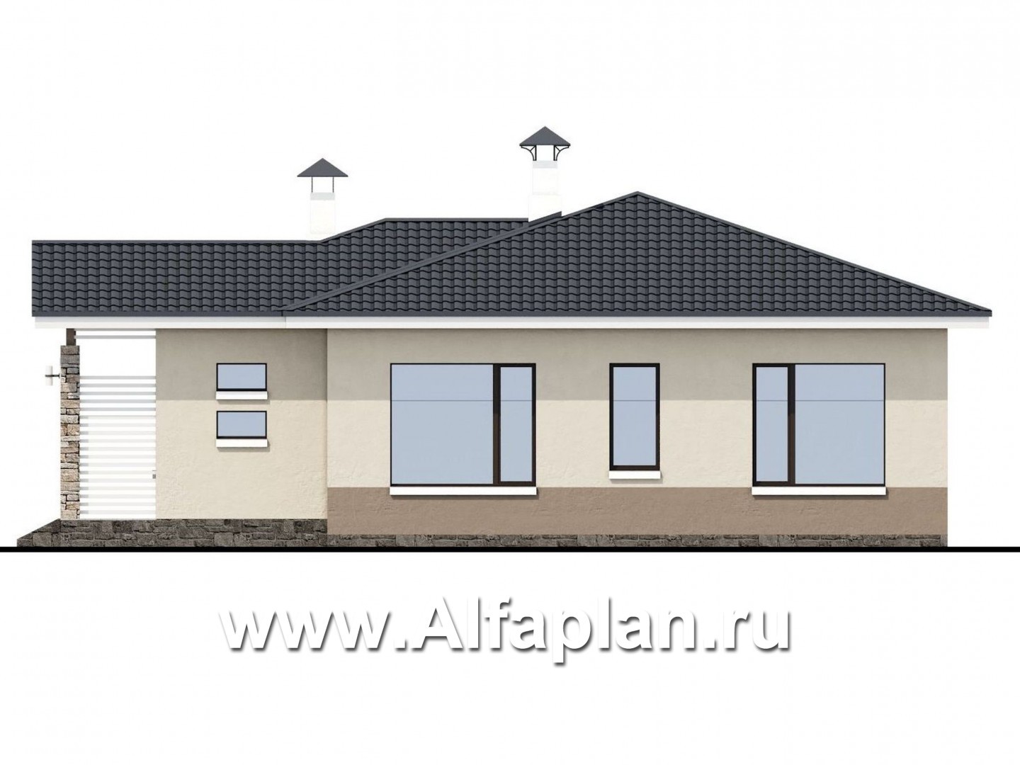 Проекты домов Альфаплан - «Мелета» - проект одноэтажного дома из газобетона, 2 спальни, с террасой, в современном стиле - изображение фасада №2