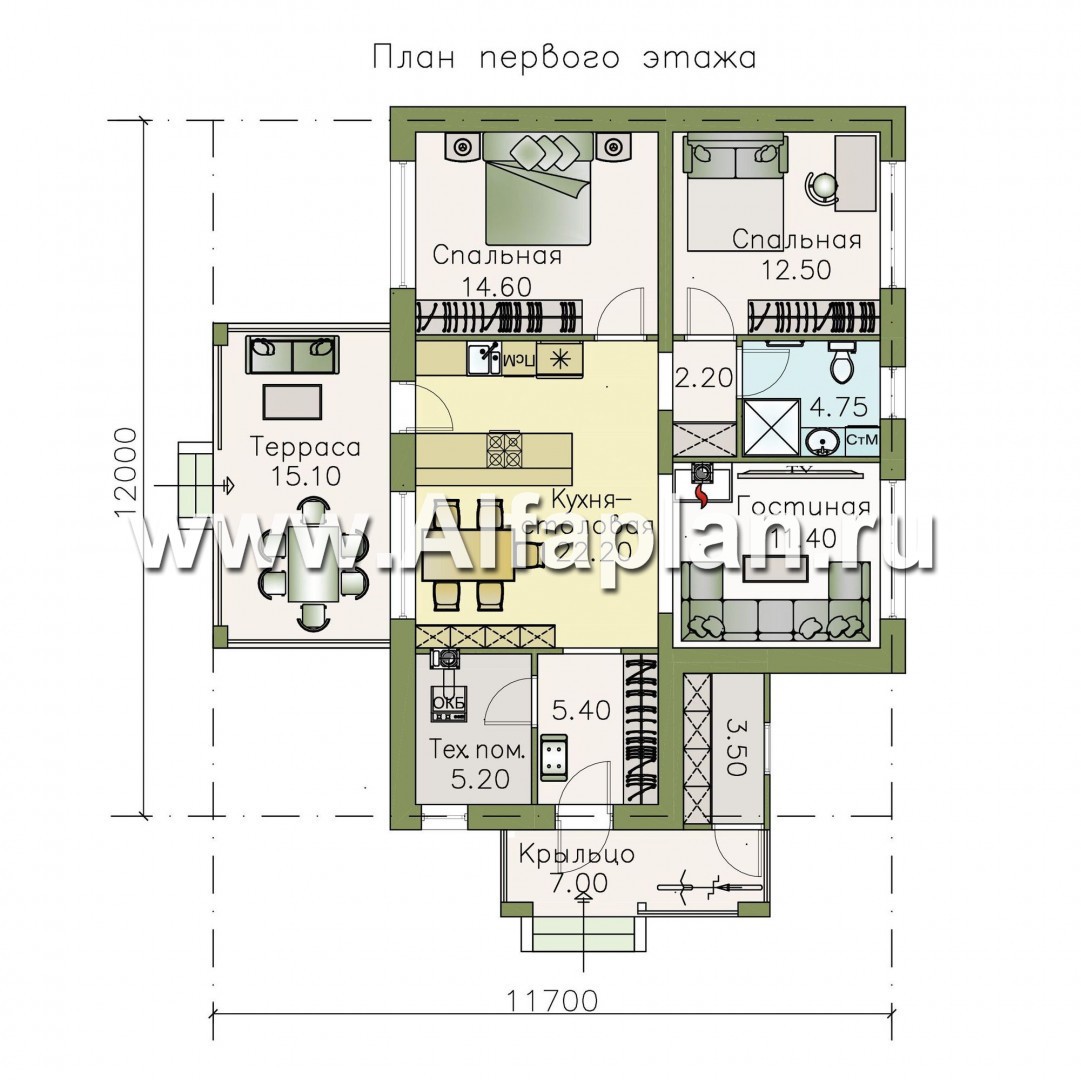 Проекты домов Альфаплан - «Мелета» - проект одноэтажного дома из газобетона, 2 спальни, с террасой, в современном стиле - изображение плана проекта №1