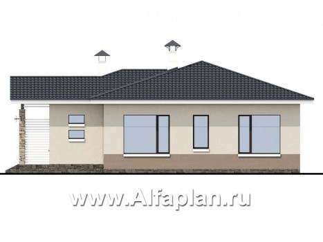 Проекты домов Альфаплан - «Мелета» - проект одноэтажного дома из газобетона, 2 спальни, с террасой, в современном стиле - превью фасада №2