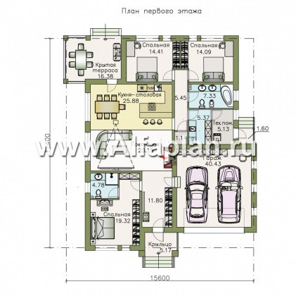 «Днестр» - проект одноэтажного дома, планировка 3  спальни, c террасой, с гаражом на 2 авто - превью план дома