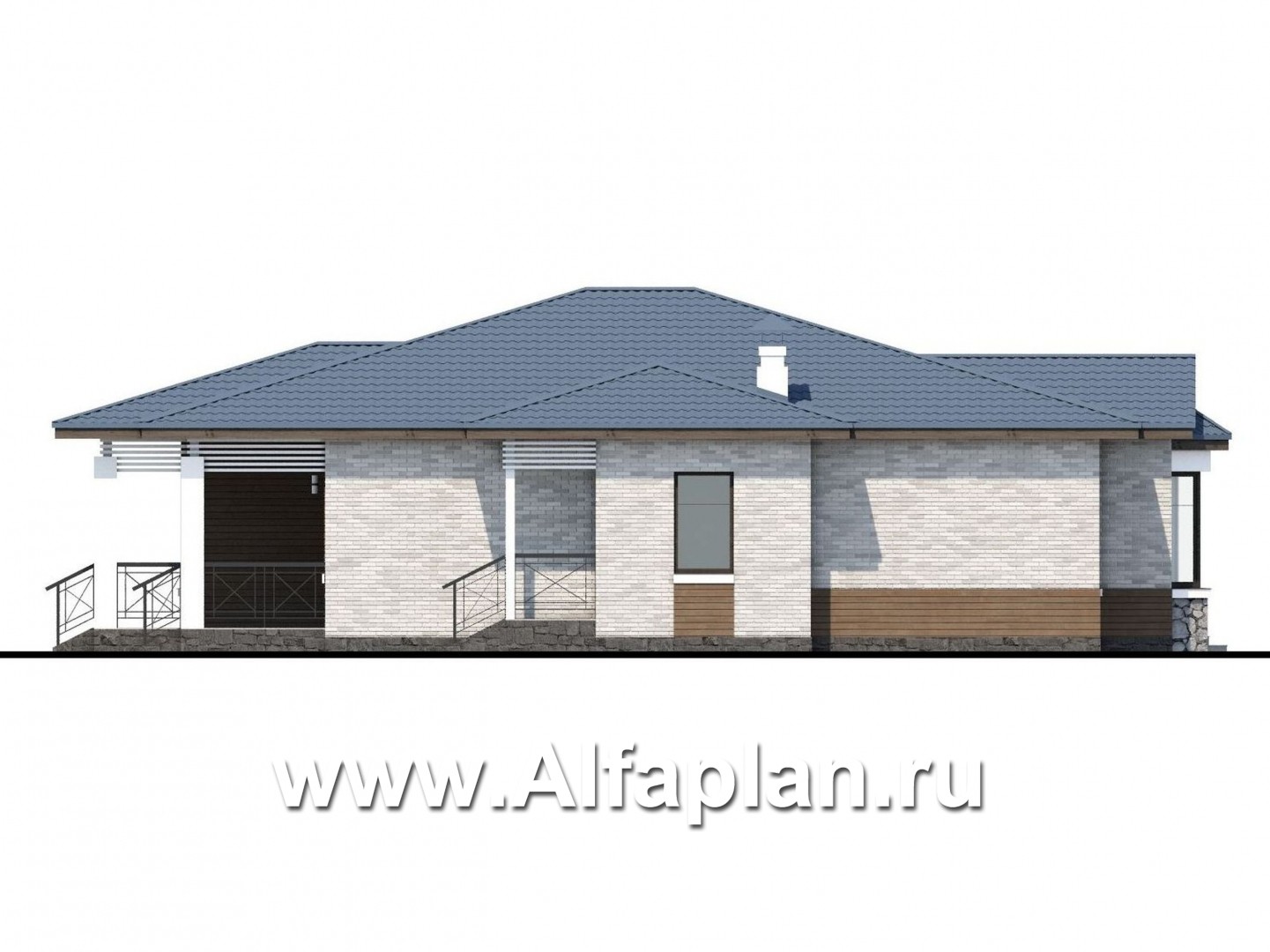 «Калипсо» - проект одноэтажного дома, с сауной и с эркером, с террасой (варианты планировки) - фасад дома