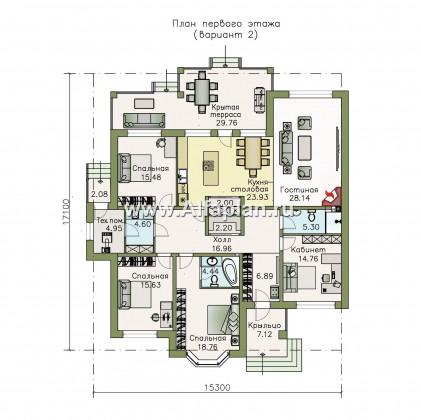 «Калипсо» - проект одноэтажного дома, с сауной и с эркером, с террасой (варианты планировки) - превью план дома