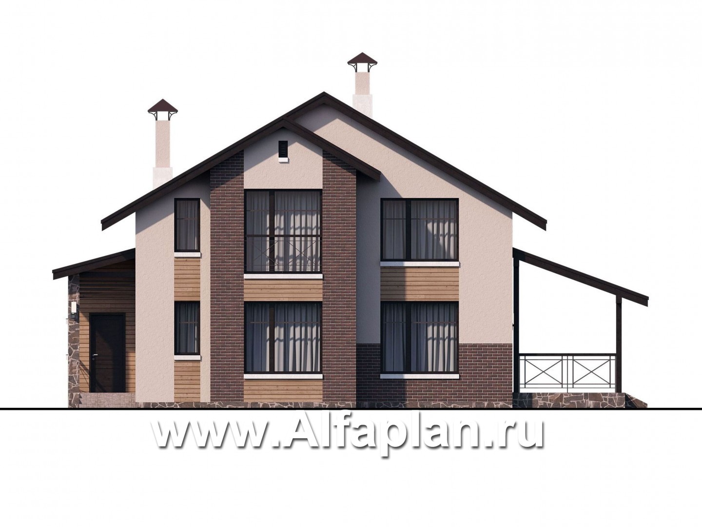 Проекты домов Альфаплан - Уютный загородный дом с двускатной кровлей - изображение фасада №1