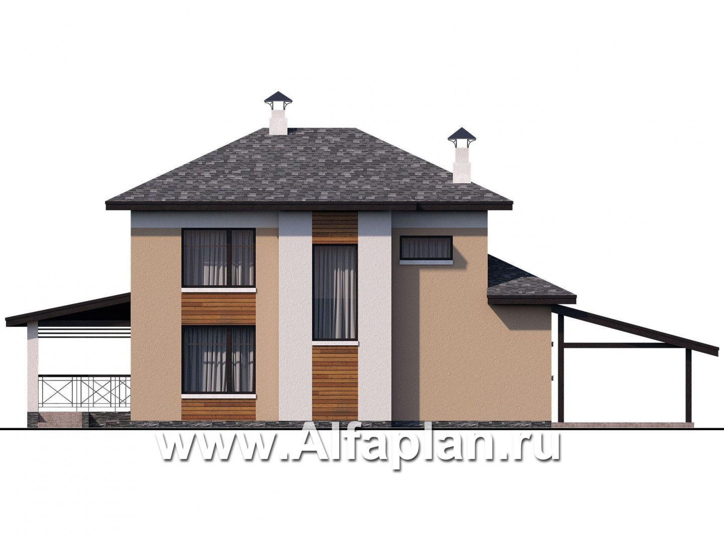 «Стимул» - проект двухэтажного дома с угловой террасой, планировка с кабинетом на 1 эт, в современном стиле, с навесом на 1 авто - фасад дома